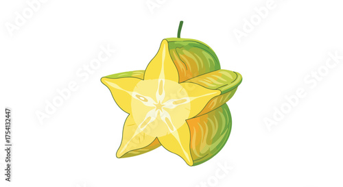 Illustration of sliced star fruit, a unique five pointed shape, a flavorful tropical delicacy suitable for nutritional education, vibrant color and