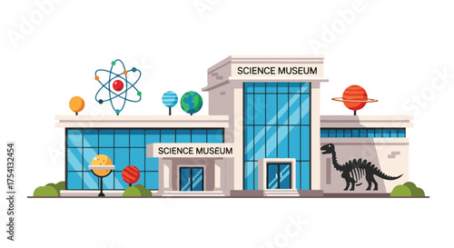 Vibrant Science Museum Illustrating Education and Discovery with Iconic Symbols, a place to learn and explore scientific concepts