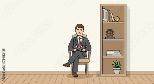 Character illustration of a well-dressed man absorbed in reading a book, with a serene ambiance of indoor domesticity with a bookshelf