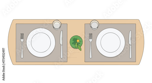 Stylized Minimalist Table Setting for Two with Placemats and Subtle Decoration Creating a Dining Ambiance