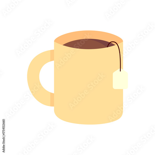 Beige mug with teabag. Drink, beverage, relax, lifestyle concepts. Flat vector design isolated illustration.