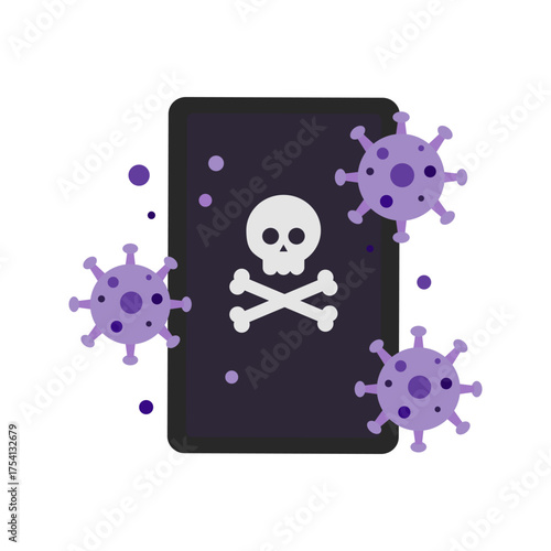 Phone screen with warning virus alert. Technology, website error, internet problem, malware, hacking, scam, fraud concepts. Flat vector design isolated illustration.