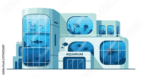 Modern aquarium building with various sea creatures swimming in large panoramic windows and display tanks, a captivating marine exhibit