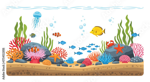 Colorful underwater world showcasing vibrant coral reefs, diverse marine life, and playful animated aquatic creatures on sandy seabed