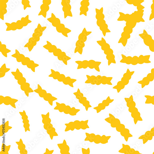 A vibrant yellow pattern of crinkle cut fries scattered across a clean white background creates a playful and appetizing visual effect for food related designs and concepts