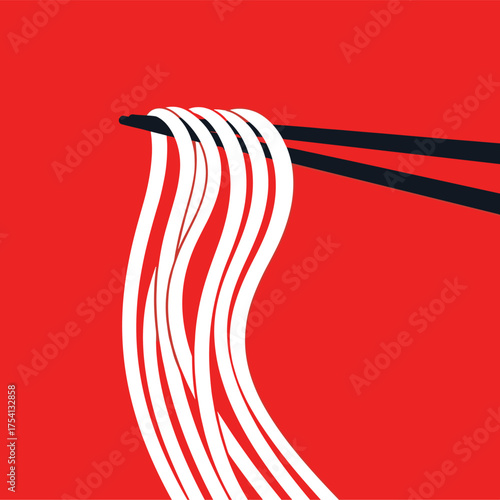 A close up shot of chopsticks lifting white noodles against a red background.