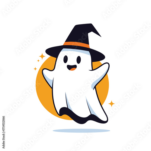 A cute little ghost wearing a witch hat is happily floating in the air with a cheerful expression.