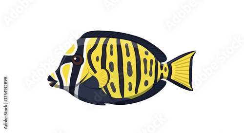 Vibrant cartoon illustration showcasing a striking yellow and black striped tropical fish on plain backdrop