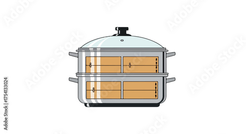 Stylized Illustration of a Two-Tiered Food Steamer with Glass Lid and Metallic Accents