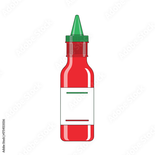 A red chili sauce bottle with a green cap and a white label for adding your own text and design.