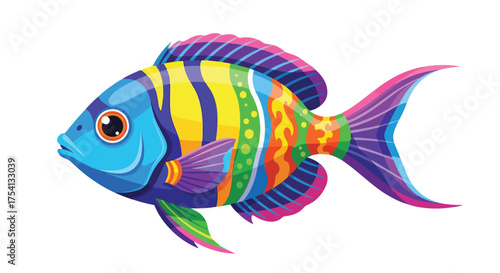 Vividly colored tropical fish artwork featuring striking stripes and decorative patterns illustration isolated on white background