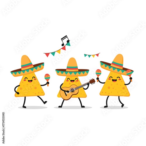 Three happy tortilla chips are playing music together.
