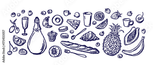 Coffee and wine. Picnic Fresh fruit, berry. Vector