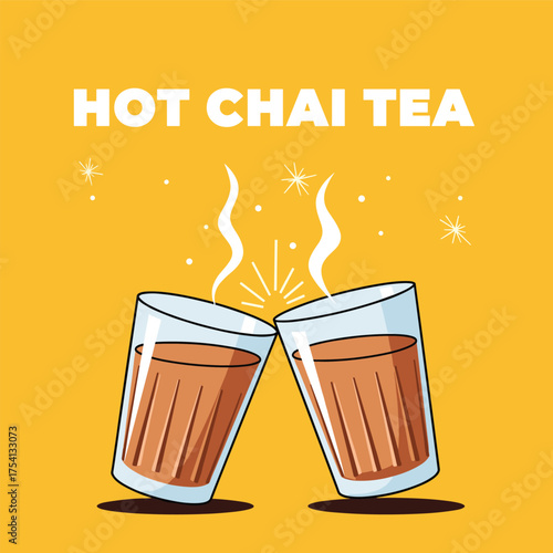 Hot chai tea cheers with steaming cups and sparkling celebratory elements.
