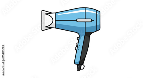 Stylish cartoon illustration of a light blue hair dryer, showcasing a modern design and clean lines, suitable for beauty and grooming visuals