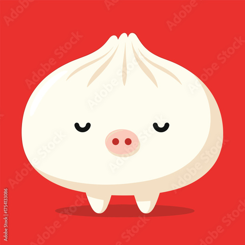 A cute cartoon piggy bao bun with its eyes closed resting peacefully.