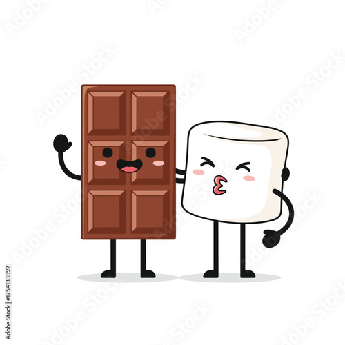 Cute chocolate bar and marshmallow characters sharing a sweet moment together.