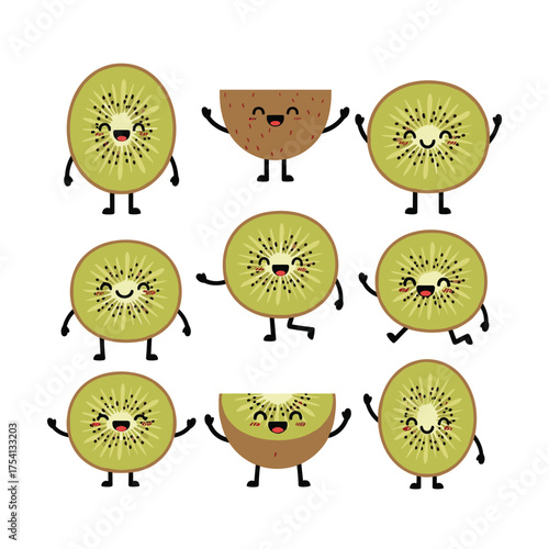 Cute anthropomorphic kiwi fruit characters in various playful poses showing their funny faces and small arms and legs.