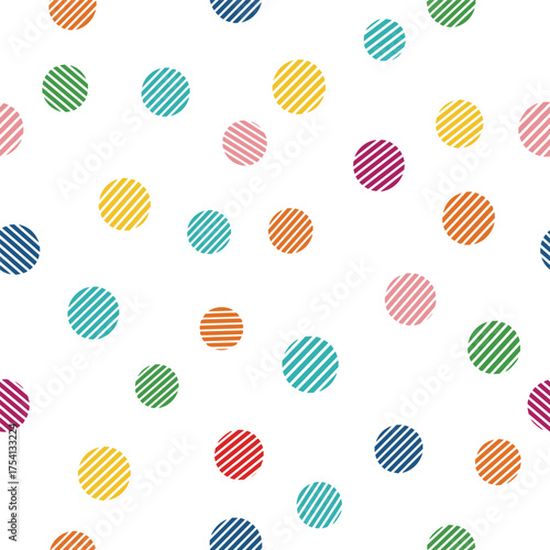 A charming pattern of colorful textured polka dots scattered across a white background.