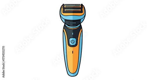 Stylized electric shaver illustration presenting personal grooming and male care depicted with clean lines and bright color palette for modern