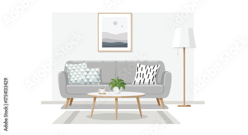 Minimalist interior design with a gray sofa, stylish pillows, and a calming artwork creating a cozy and aesthetically pleasing living space