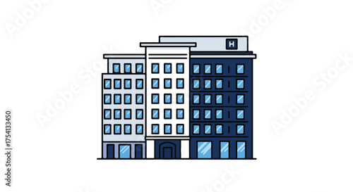 Stylized cartoon of an urban building complex featuring a hospital alongside office structures that creates a balanced visual hierarchy