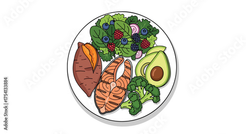 Vibrant illustration showcasing a plate of nutritious foods for a healthy diet plan concept idea illustration