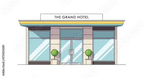 An illustrated depiction of The Grand Hotel, a modern facade with greenery at the entrance, set against a clean backdrop, a place for rest and lodging