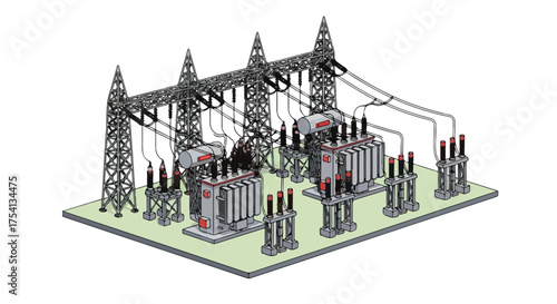 Detailed Illustration of an Electrical Power Substation with Transformers and Transmission Towers Representing Energy Infrastructure