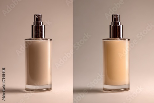 Two glass bottles of foundation with different shades, showcasing the texture and color variations, ideal for beauty and cosmetic product displays with copy space