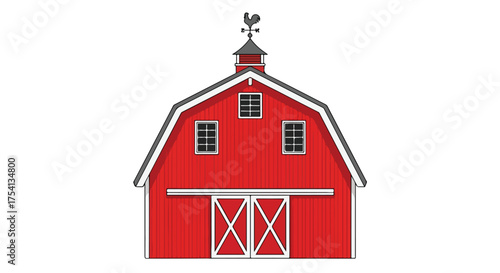 Vibrant Red Barn Illustration with Rooster Weathervane and Classic Farm Structure Depiction