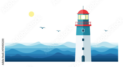 Serene Coastal Scene: A Graphic Lighthouse Beaconing Over Calm Blue Waters Under a Sunny Sky with Gentle Waves