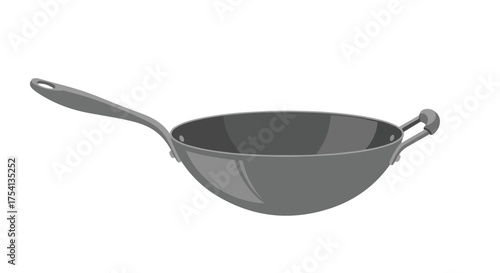 Sleek grey wok with elongated handle and support handle, culinary utensil designed for stir-frying, cooking precision, and kitchen efficiency made