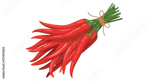 Vibrant red chili peppers illustration tied together, embodying fresh culinary spice and flavorful cooking ingredients in vibrant detail