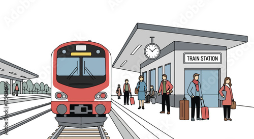 Illustrated urban rail transport hub depicts commuters at a bustling station platform ready for departure