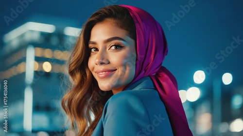 Elegant young woman posing with a scarf, a vision of style and poise, smiling with confidence, cityscape in the background