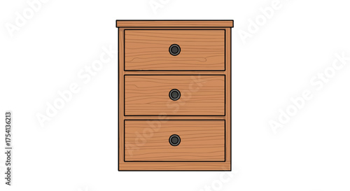 Illustrated wooden three-drawer chest, minimalist design showcasing natural grain patterns and simple round pull knobs, adding a touch of