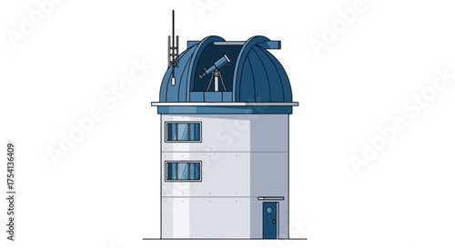 Stylized illustration of an astronomical observatory with dome roof and telescope for celestial exploration in cartoon style