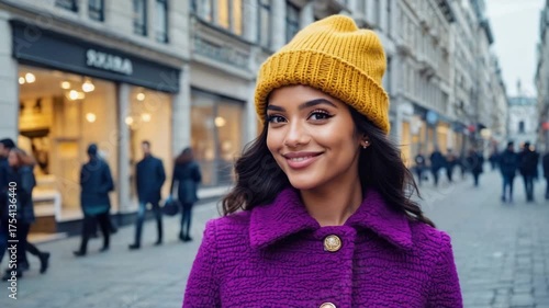 Stylish woman with a yellow hat and purple coat in a city street. The woman looks happy and stylish, creating a cheerful atmosphere
