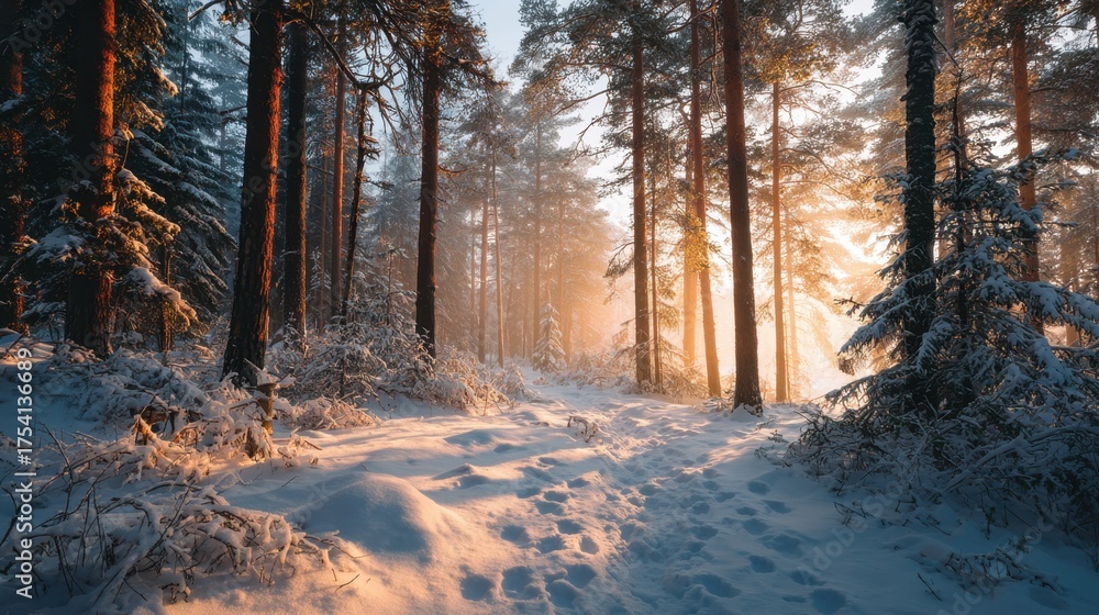 Fototapeta premium Snow-covered forest landscape with tall trees illuminated by warm sunlight, creating a serene atmosphere and inviting path through the winter wonderland