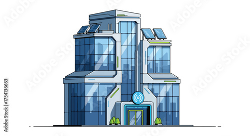 Illustration of a Futuristic Skyscraper with Glass Facade and Solar Panels for Sustainable Technology Concept