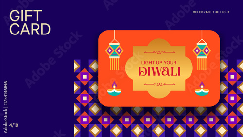 Luxury Diwali Gift Card Background - Purple and Orange Festival Template with Lamps and Motifs