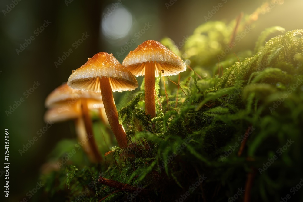 Fototapeta premium Vibrant mushrooms with orange caps emerge from lush green moss, illuminated by soft sunlight filtering through trees, creating a serene forest atmosphere