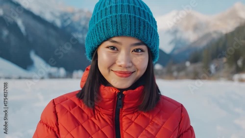 A cheerful woman in winter clothing poses in front of snow-covered mountains. She's wearing a vibrant red jacket and a blue beanie, with a backdrop of snow-covered land and distant peaks.