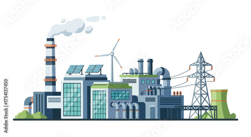 Diverse energy resource plant illustration offering a balanced solution, promoting cleaner technological advancement for the environment and future