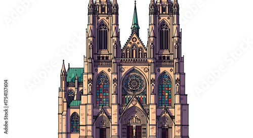 Grand gothic cathedral facade illustration showcasing ornate architectural details and vibrant stained glass windows against a clean white background