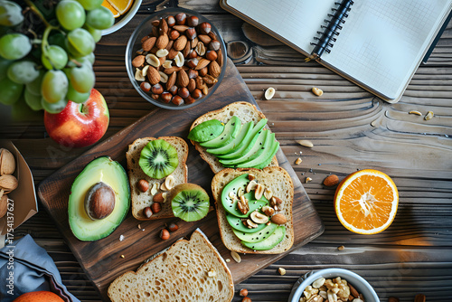 Wallpaper Mural Avocado toast, fruit, and nuts arranged on wooden desk with smartphone and notes, soft diffused light, healthy work-from-home scene. Torontodigital.ca