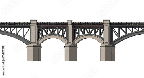 Architectural depiction of a vintage arched bridge with complex truss support structures and sturdy piers on a white background
