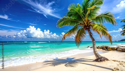 Tropical Beach with Palm Tree White Sand Turquoise Water and Blue Sky with Clouds Scenic Paradise Idyllic Summer Vacation Destination Landscape