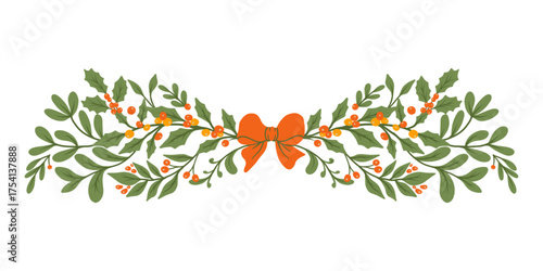 Christmas garland with holly leaves, berries, and a bow. Vector illustration on a white background, flat design, simple line art.